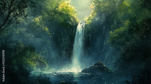 Serene waterfall cascading into a lush, misty jungle pool.