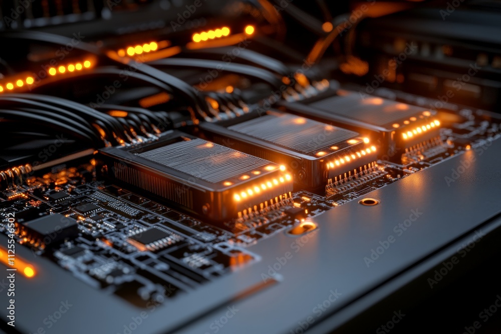 Fototapeta premium High-tech circuit board illuminated by orange lights in a dark environment showcasing advanced electronic components