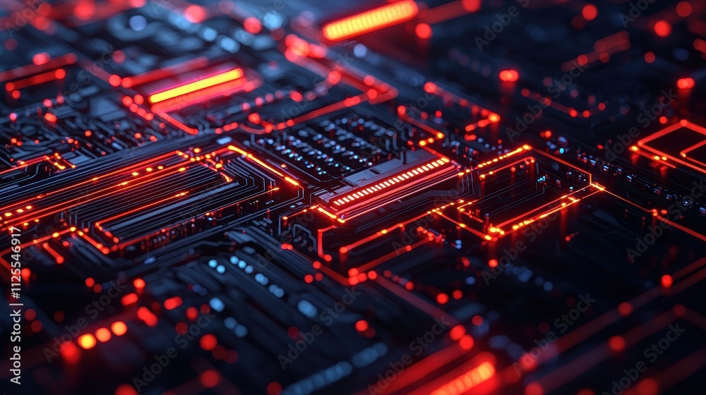 A close-up view of a circuit board illuminated by vibrant red lights, showcasing intricate electronic patterns and modern technology. A close-up view of a circuit board illuminated by vibrant red lights, showcasing intricate electronic patterns and modern technology.