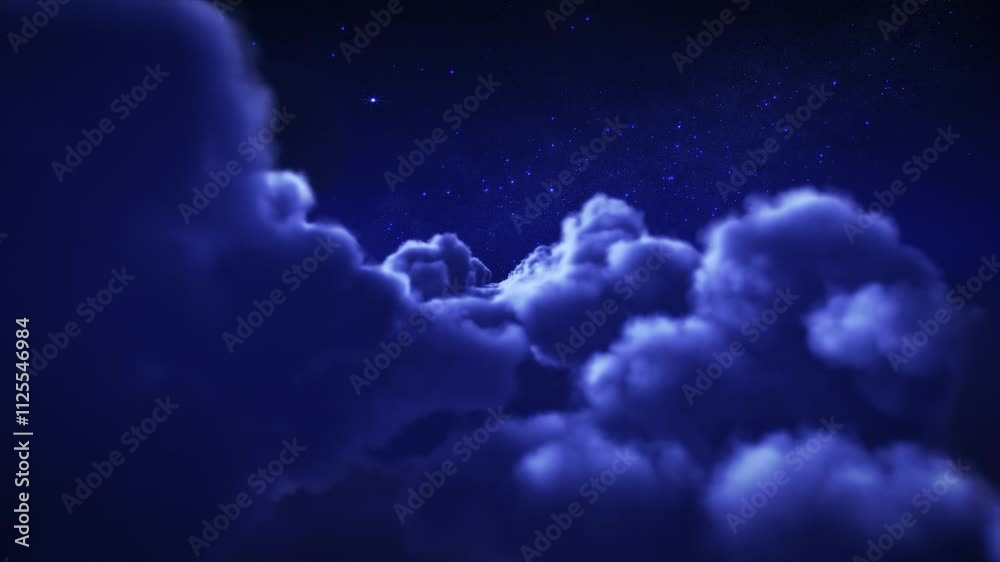 Flying through clouds at night. Crescent Moon. Loopable. Flight through fluffy clouds with bright Moon and stars.