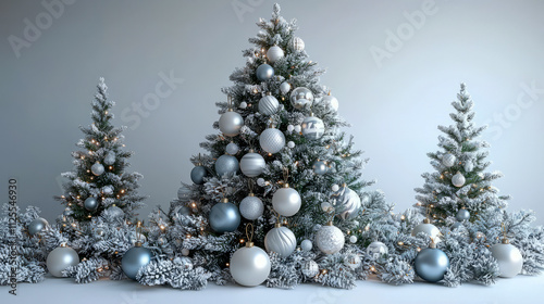 Elegant snowy christmas trees with blue and silver ornaments