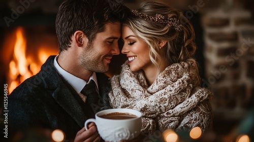 A couple sharing a hot cup of cocoa by a fireplace, warmth spreading through their bodies and souls.