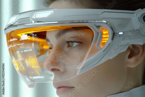 Innovative technology showcased with a young researcher's advanced visor during a futuristic experiment