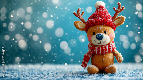 Adorable plush reindeer toy in snowy winter wonderland with red hat and scarf