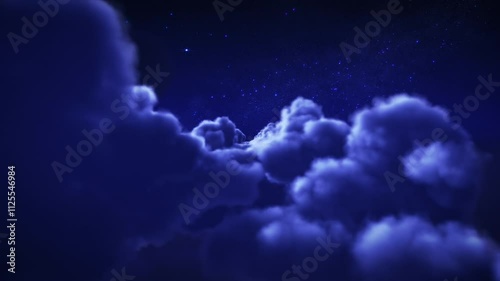 Flying through clouds at night. Crescent Moon. Loopable. Flight through fluffy clouds with bright Moon and stars.