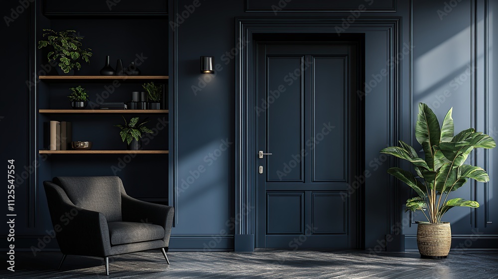 Dark blue interior room with armchair, shelves, plants, and door. Dark blue interior room with armchair, shelves, plants, and door.
