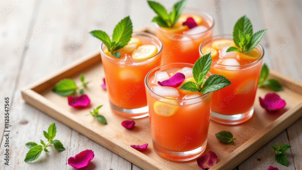 A tray filled with four refreshing drinks adorned with orange slices, lemon wedges, and mint leaves on a wooden surface. A tray filled with four refreshing drinks adorned with orange slices, lemon wedges, and mint leaves on a wooden surface.
