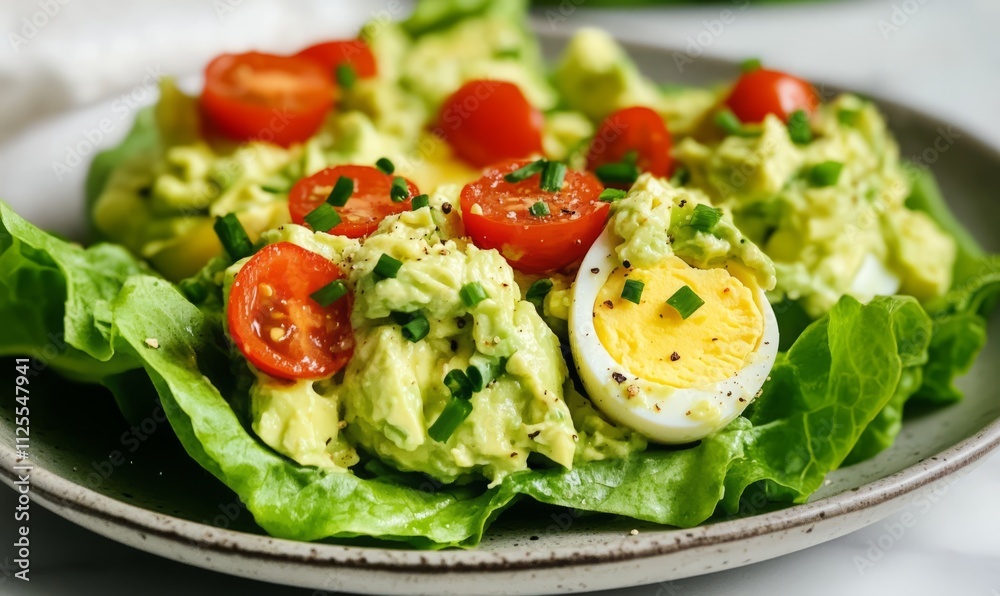 A plate of Avocado Egg Salad Lettuce Wraps, with creamy avocado egg salad nestled in large, crisp lettuce leaves. The salad is topped with halved cherry tomatoes and a sprinkle of fresh chives A plate of Avocado Egg Salad Lettuce Wraps, with creamy avocado egg salad nestled in large, crisp lettuce leaves. The salad is topped with halved cherry tomatoes and a sprinkle of fresh chives