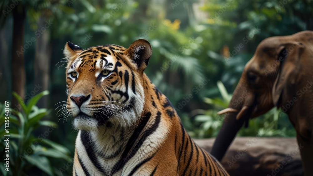 Obraz premium Close-up of a tiger in a jungle environment with an elephant in the background.