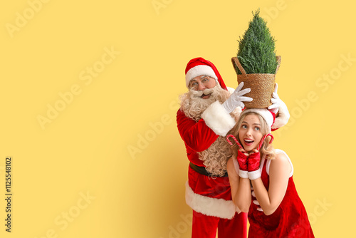 Quadro su tela Funny people dressed as Santa Claus with Cypress tree and candy canes on yellow