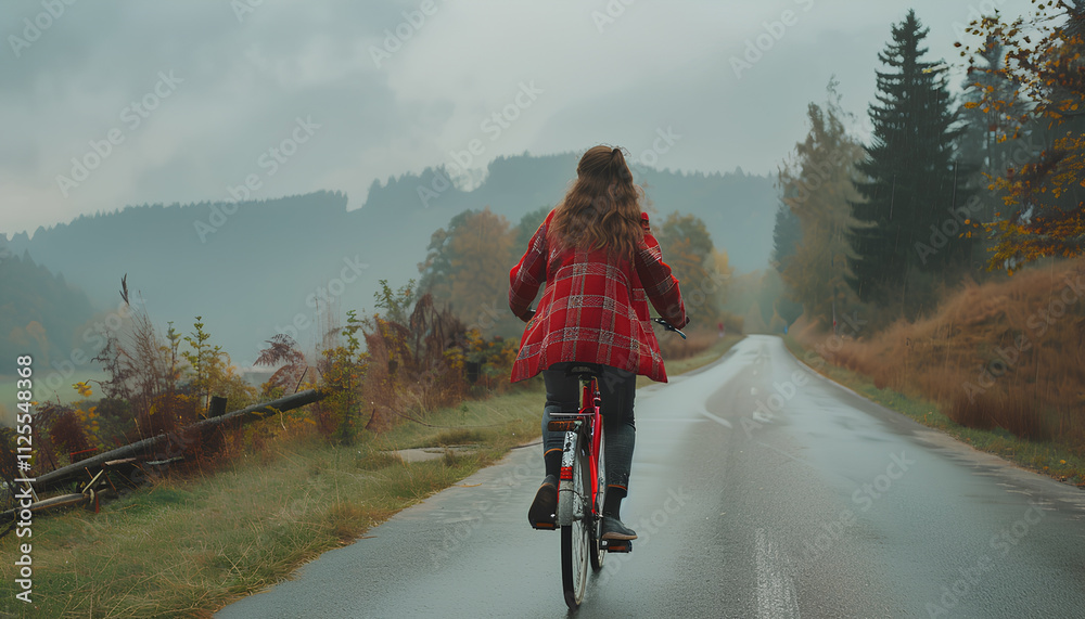 Fototapeta premium Young woman riding bicycle on road outdoors