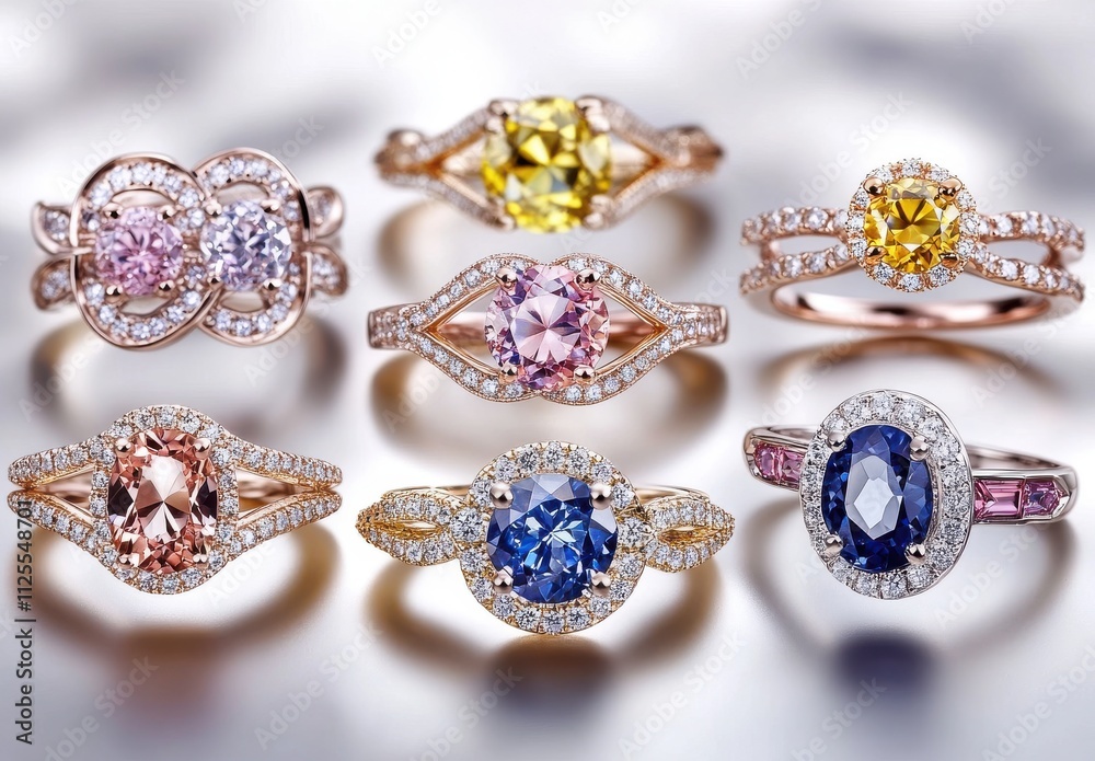 Elegant Display of Colorful Gemstone Rings in Various Styles and Designs Featuring Rose Gold and Sparkling Diamonds Suitable for Luxury Jewelry Collections Elegant Display of Colorful Gemstone Rings in Various Styles and Designs Featuring Rose Gold and Sparkling Diamonds Suitable for Luxury Jewelry Collections