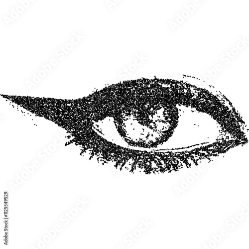 Elegant eye with eyeliner, collage element with vintage stipple photocopy effect, with retro grainy texture. Vector illustration for grunge psychedelic surreal poster or tattoo in 90s aesthetic.