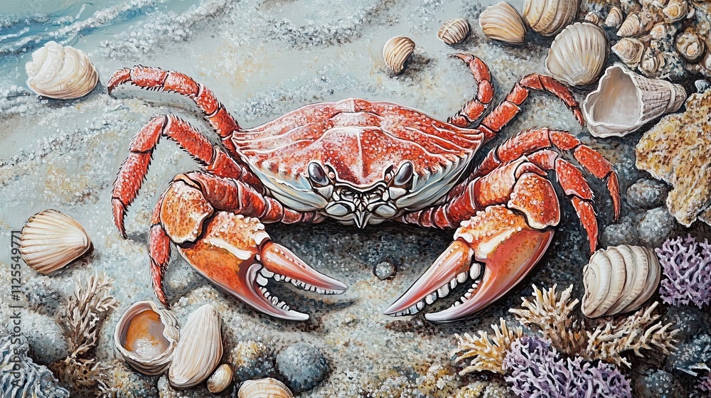 Red Crab Amidst Seashells and Coral on Sandy Beach Red Crab Amidst Seashells and Coral on Sandy Beach