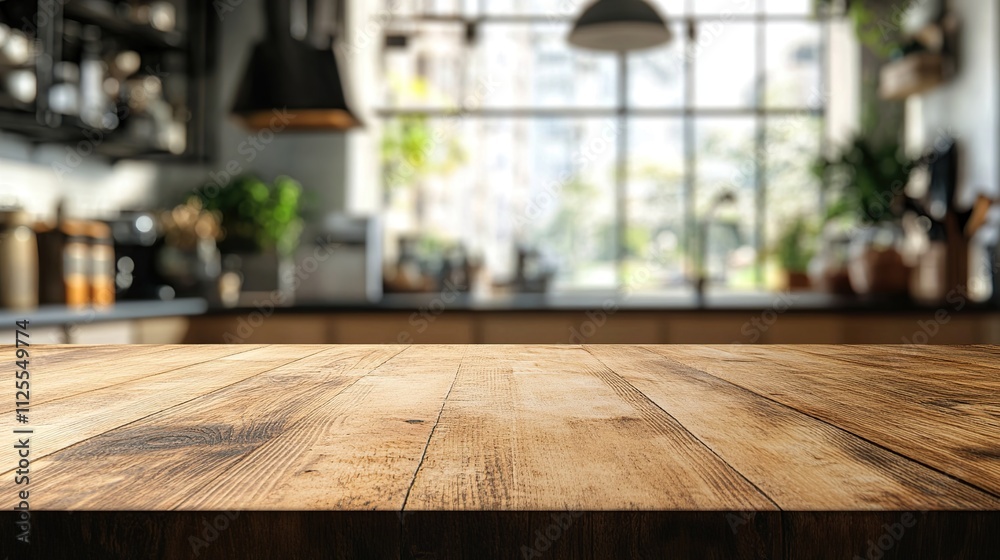 Empty wooden table in front of blurred modern kitchen. Empty wooden table in front of blurred modern kitchen.