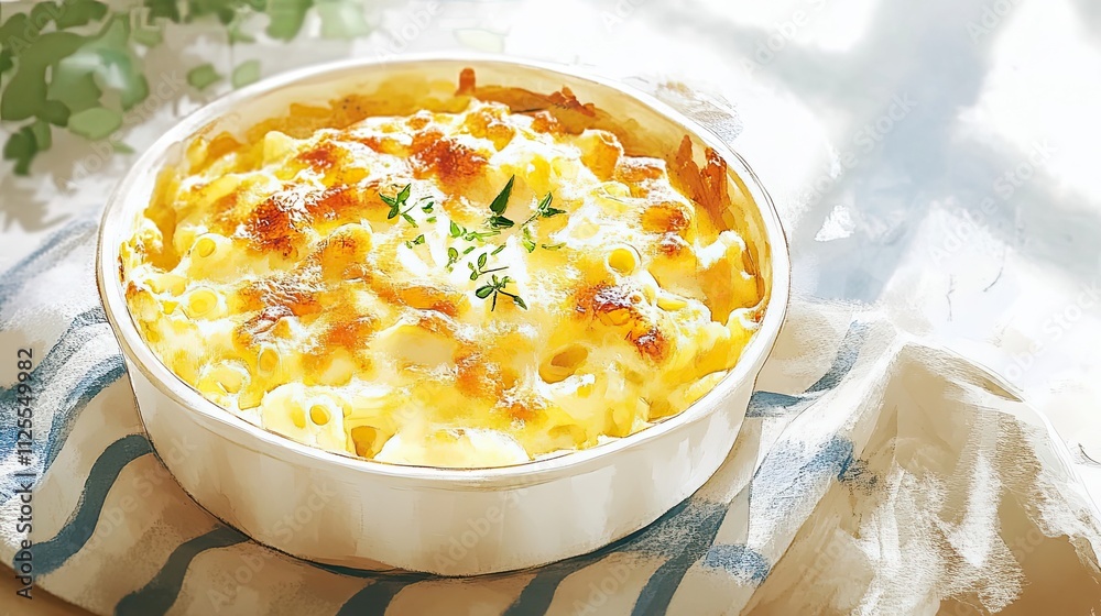 Baked Macaroni and Cheese Dish with Herb Garnish Baked Macaroni and Cheese Dish with Herb Garnish