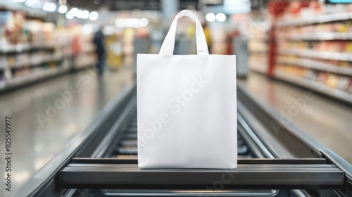 White tote bag on supermarket conveyor belt.