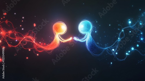 Two glowing abstract figures touching hands, symbolizing connection and energy exchange