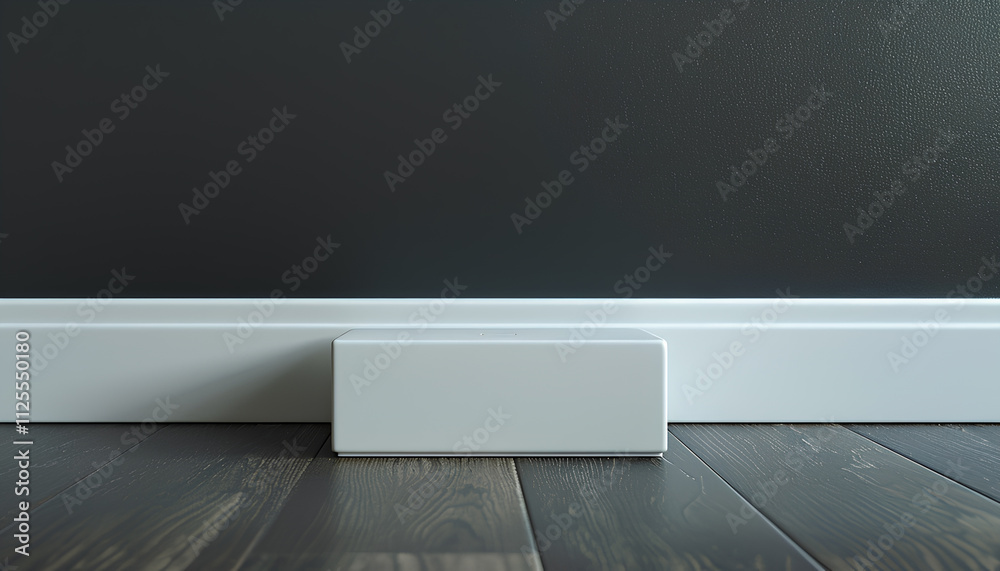 White plinth with connector on laminated floor near black wall indoors, closeup White plinth with connector on laminated floor near black wall indoors, closeup