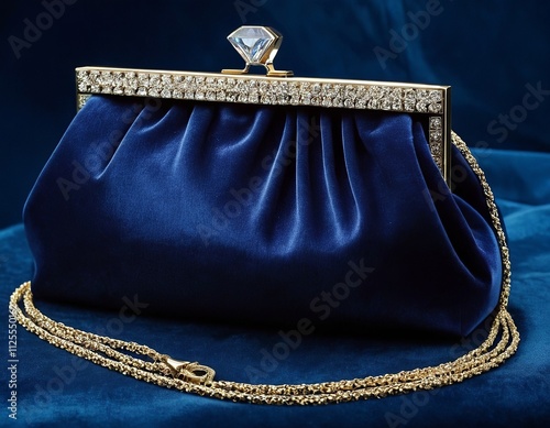 Elegant blue velvet clutch purse with diamond accent and gold chain. photo