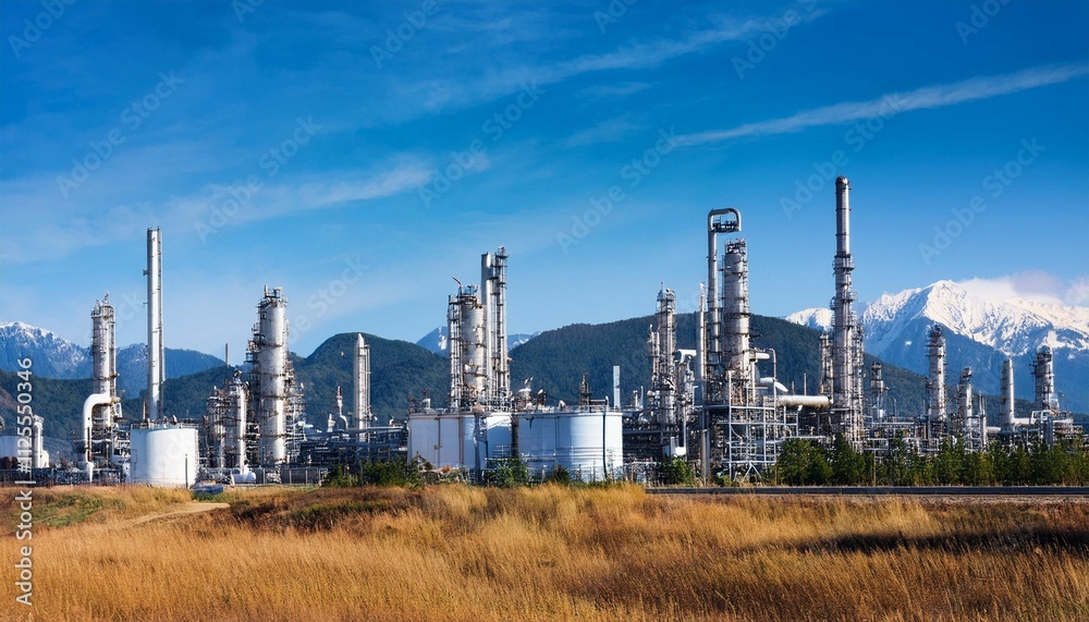 industrial refinery complex against a blue sky and mountain range industrial refinery complex against a blue sky and mountain range
