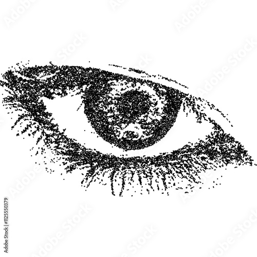 Elegant eye with collage element with vintage stipple photocopy effect, with retro grainy texture. Vector illustration for grunge psychedelic surreal poster or tattoo in 90s aesthetic.
