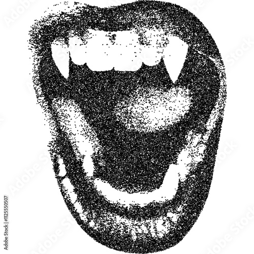 Mouth in scream, collage element with vintage stipple photocopy effect, with retro grainy texture. Vector illustration for grunge psychedelic surreal poster or tattoo in 90s aesthetic.