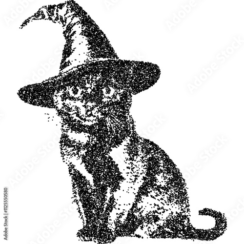Cat in witch hat with collage element with vintage stipple photocopy effect, with retro grainy texture. Vector illustration for grunge psychedelic surreal poster or tattoo in 90s aesthetic.