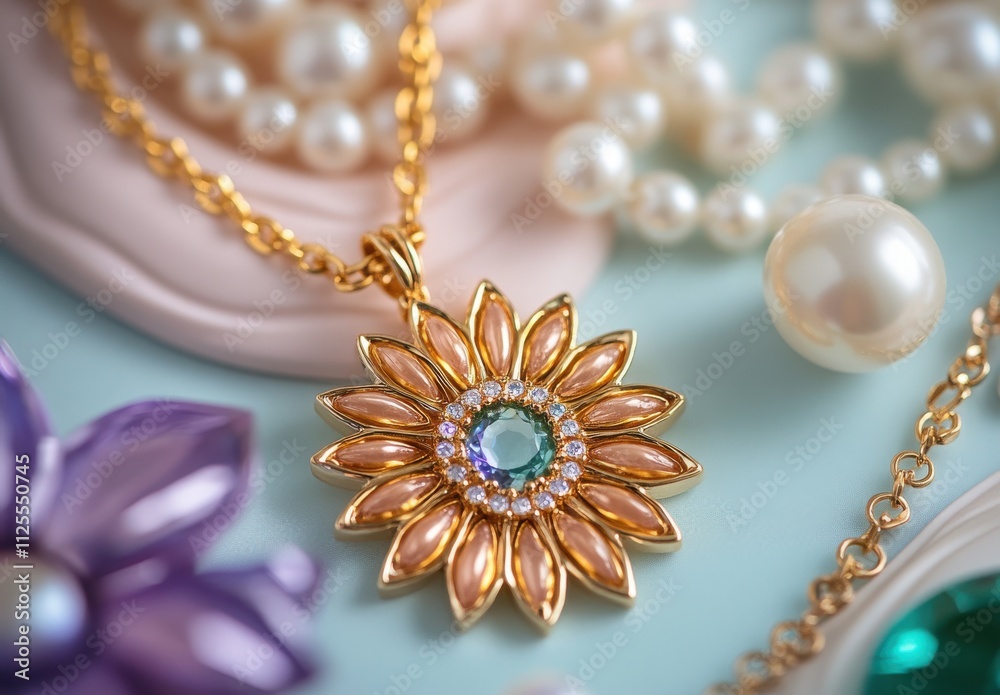 Elegant Floral Pendant with Blue Gemstone Surrounded by Pearls and Colorful Accessories on a Soft Background for Jewelry Lovers and Fashion Enthusiasts Elegant Floral Pendant with Blue Gemstone Surrounded by Pearls and Colorful Accessories on a Soft Background for Jewelry Lovers and Fashion Enthusiasts