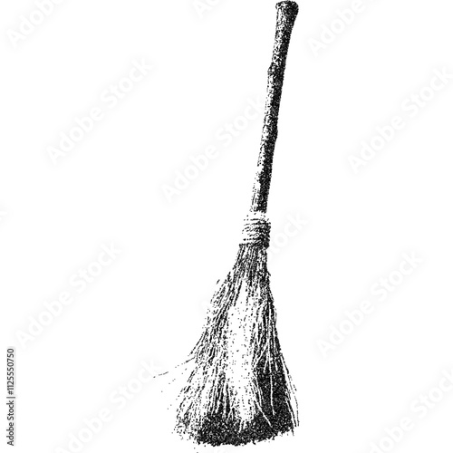 Witch broom, collage element with vintage stipple photocopy effect, with retro grainy texture. Vector illustration for grunge psychedelic surreal poster or tattoo in 90s aesthetic.