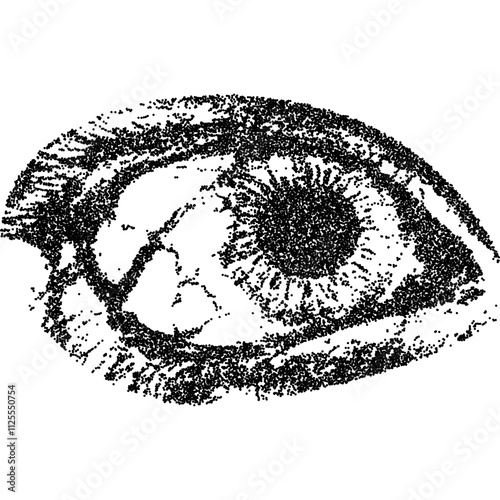 Scared eye, collage element with vintage stipple photocopy effect, with retro grainy texture. Vector illustration for grunge psychedelic surreal poster or tattoo in 90s aesthetic.