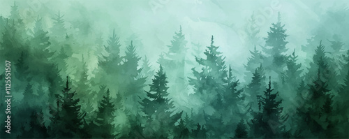 Mystical forest watercolor background with deep greens and ethereal fog, flat, vector illustration.