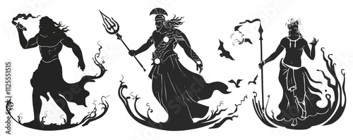 Mythological gods, Zeus, Poseidon, and Athena, ancient mythology silhouettes, black silhouette, vector illustration, flat style.