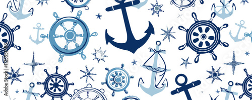 Nautical anchors and ship wheels seamless pattern background, maritime theme with blue and white colors, vector pattern. photo