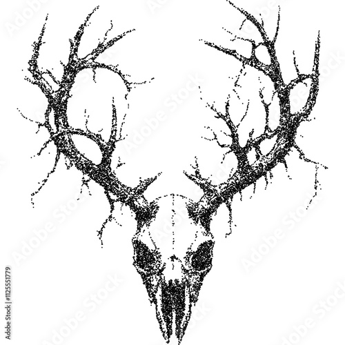 Mystical antler skull, collage element with vintage stipple photocopy effect, with retro grainy texture. Vector illustration for grunge psychedelic surreal poster or tattoo in 90s aesthetic.