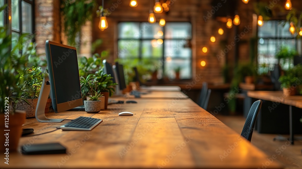 Modern coworking space with wooden desks, computers, plants, and Edison bulb lighting. Modern coworking space with wooden desks, computers, plants, and Edison bulb lighting.