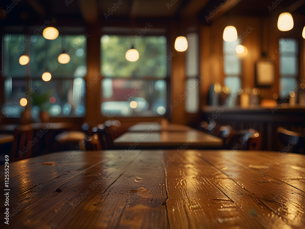Fototapeta premium Close up of wooden table with blurred background of lamp light