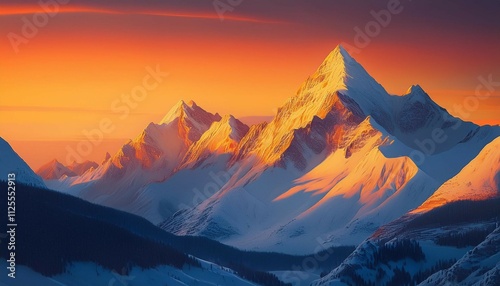 in golden hour snowy mountain peaks appear to glow with vibrant colors casting long shadows on a frozen landscape