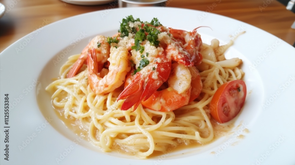 Plate of pasta with shrimp and tomatoes Plate of pasta with shrimp and tomatoes