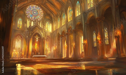 A warm church interior, bathed in soft, golden light. ornate ceilings with grand arches and pillars adorned with gold accents. Stained glass windows cast colorful,