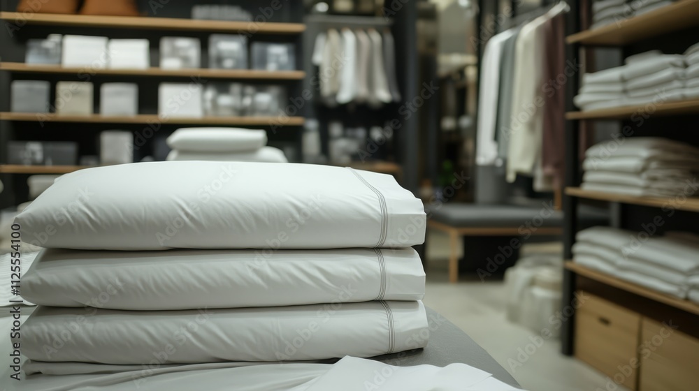 Stack of crisp white pillows in a retail store. Stack of crisp white pillows in a retail store.