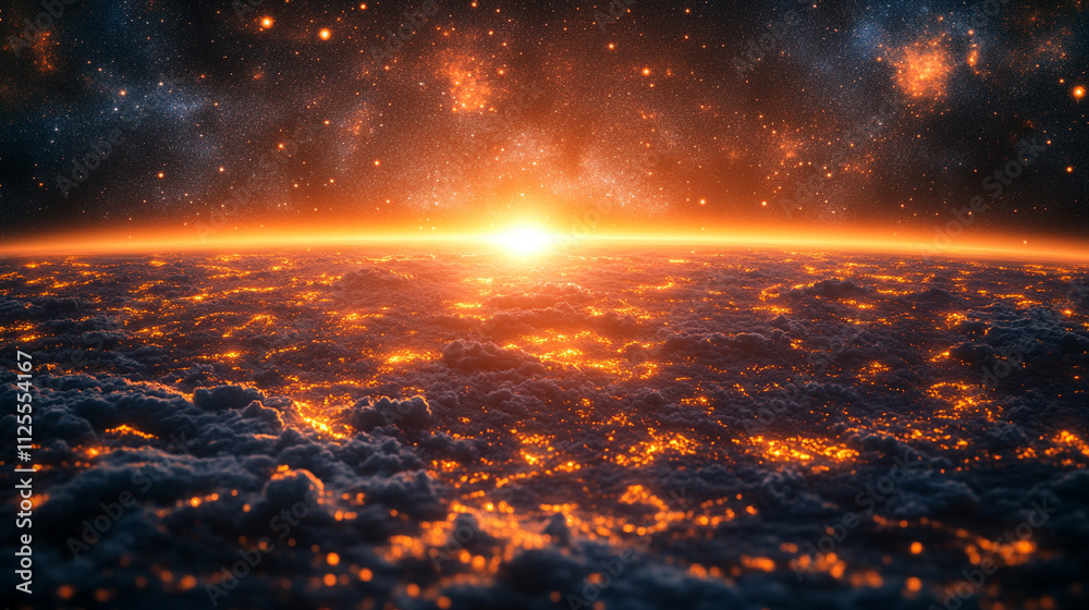 Fototapeta premium mesmerizing image of Earth bathed in blue light, with a shining horizon and stars along the side, symbolizing vastness, hope, and the infinite potential of the universe