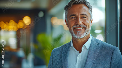 Mature caucasian male smiling in business attire, indoors, bokeh background