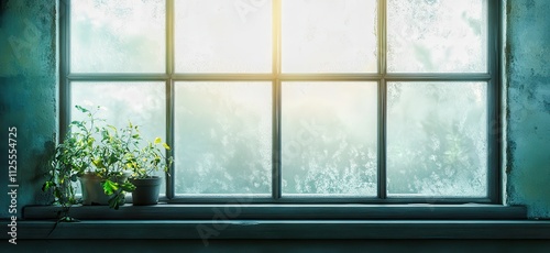 Houseplant near window with wet curtain at sunset showing rain droplets