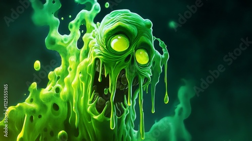 Scary green slime monster dripping and melting in the dark photo