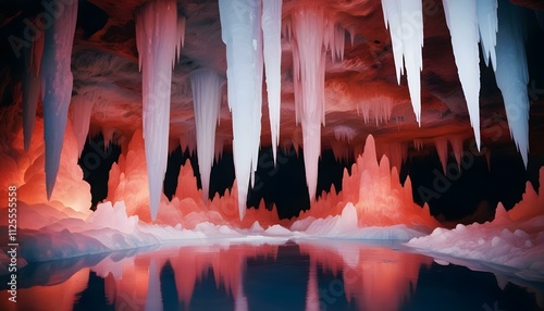 Una cueva helada con imponentes estalactitas y estalagmitas azules y blancas, que se reflejan en el agua tranquila y cristalina que se encuentra debajo photo