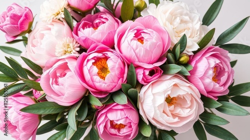 Fototapeta Naklejka Na Ścianę i Meble -  Fresh bunch of pink peonies and roses with copy space on white background, leaves, flowers