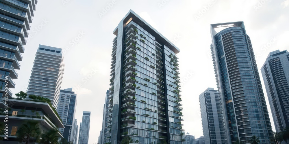 Fototapeta premium Futuristic high-rise building with sleek design and sustainable features, modern, evolution, building