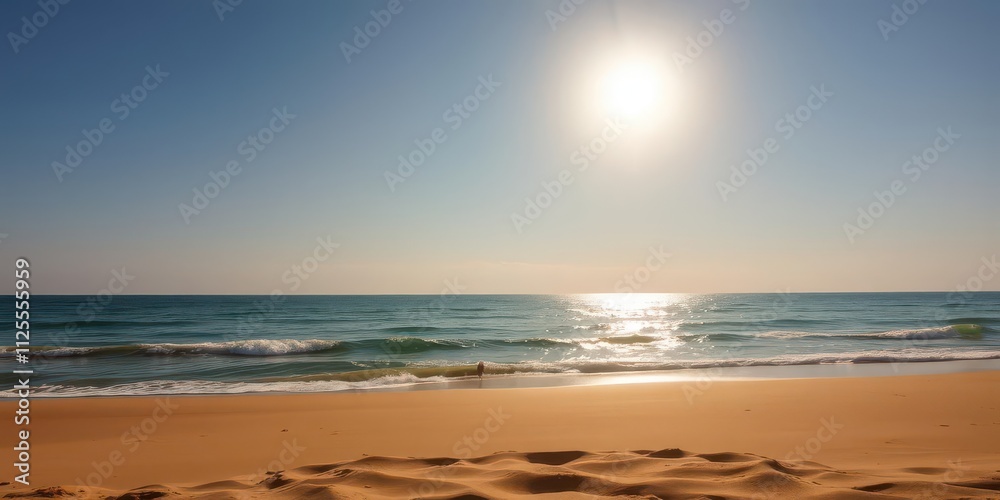 Golden sand illuminated by the warm summer sun, creating a tranquil and inviting beach scene, sunny, serene Golden sand illuminated by the warm summer sun, creating a tranquil and inviting beach scene, sunny, serene