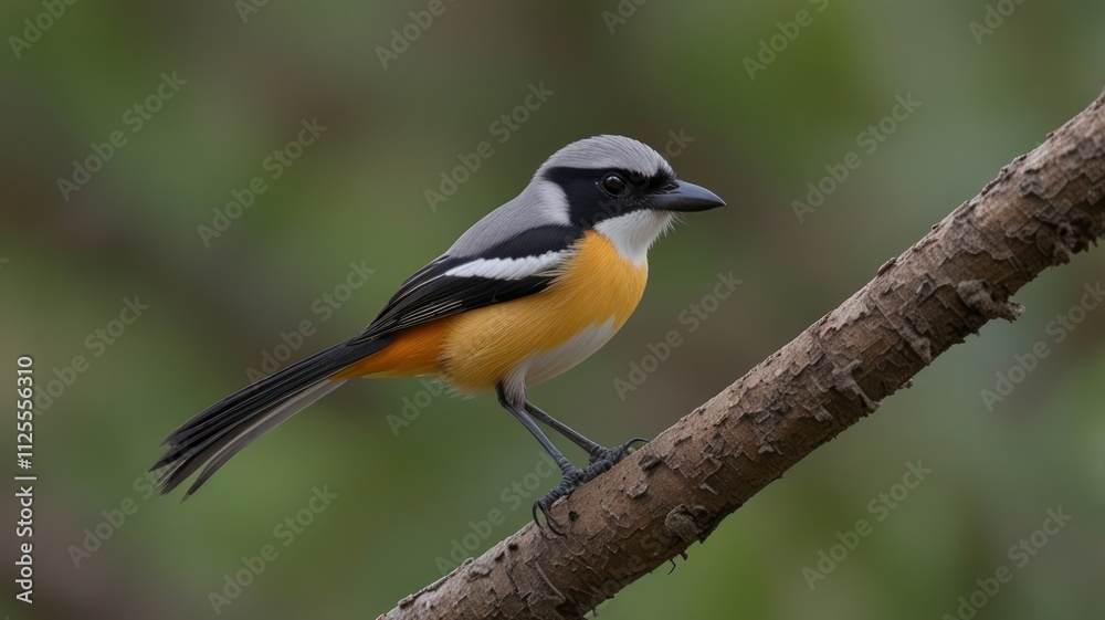 Fototapeta premium Small bird perched on a branch, showcasing vibrant yellow and grey plumage.